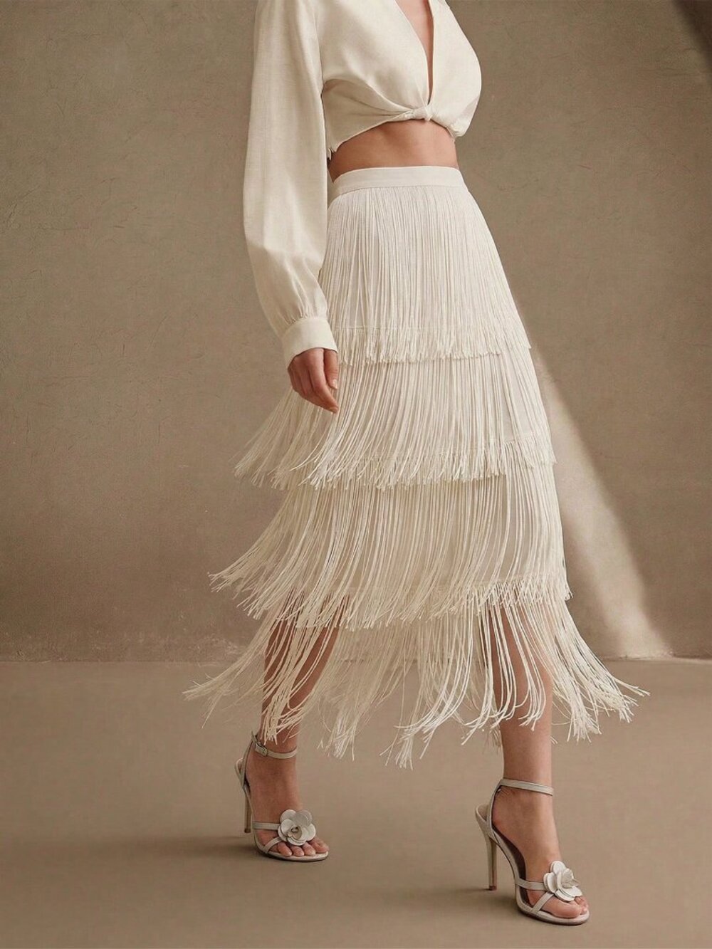 Apricot Elegant Women's Tiered Fringe Midi Dress - Picture 6 of 6